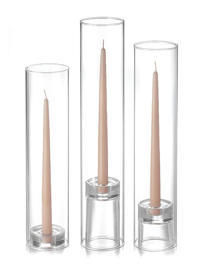 12 Taper Candles, 12 Glass Chimneys and 12 Glass Taper Holders