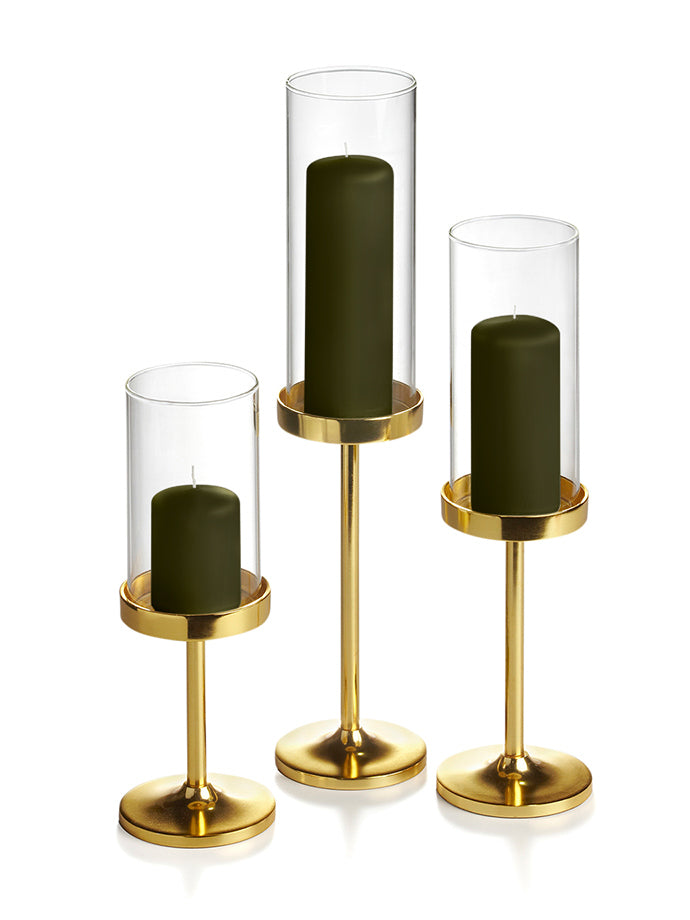 36 Slim Pillar Candles, 36 Cylinder Vases and 36 Gold Vevo Pedestals