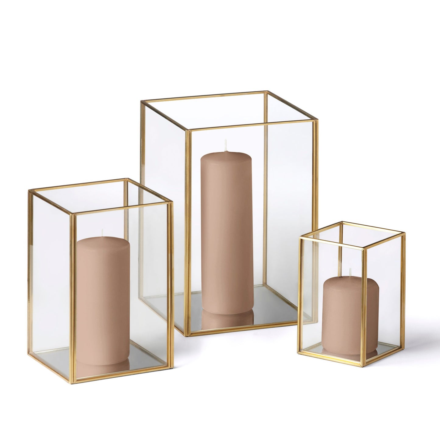12 Slim Pillar Candles and Gold Luxus Lanterns