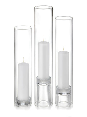 12 Slim Pillar Candles, 12 Glass Chimneys and 12 Glass Pillar Holders
