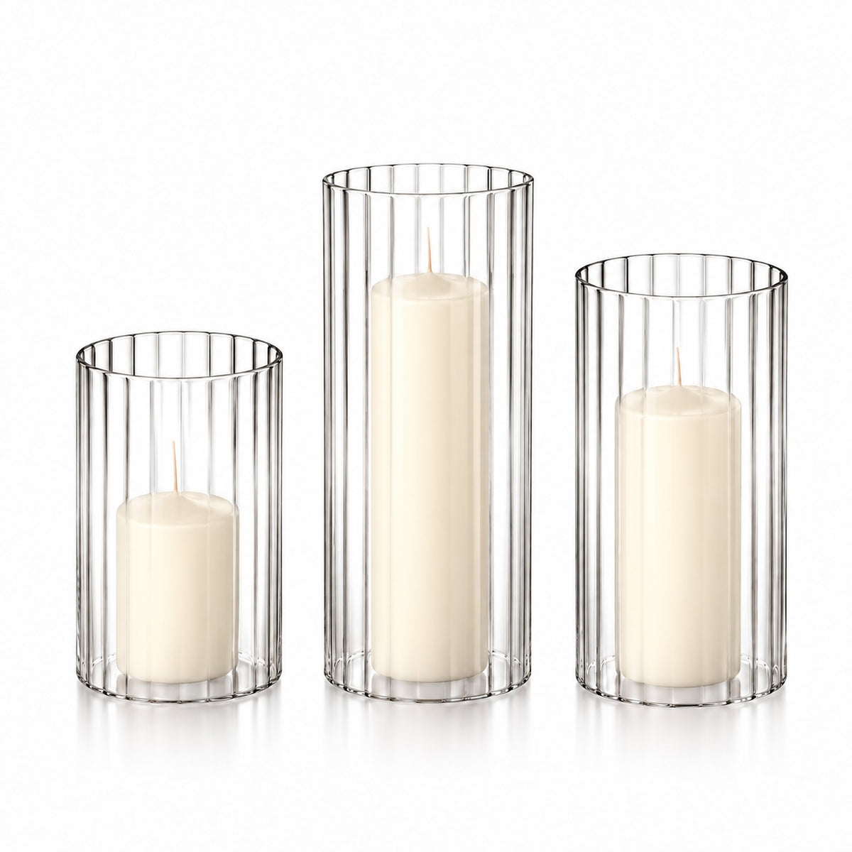 12 Slim Pillar Candles and Ribbed Cylinder Vases