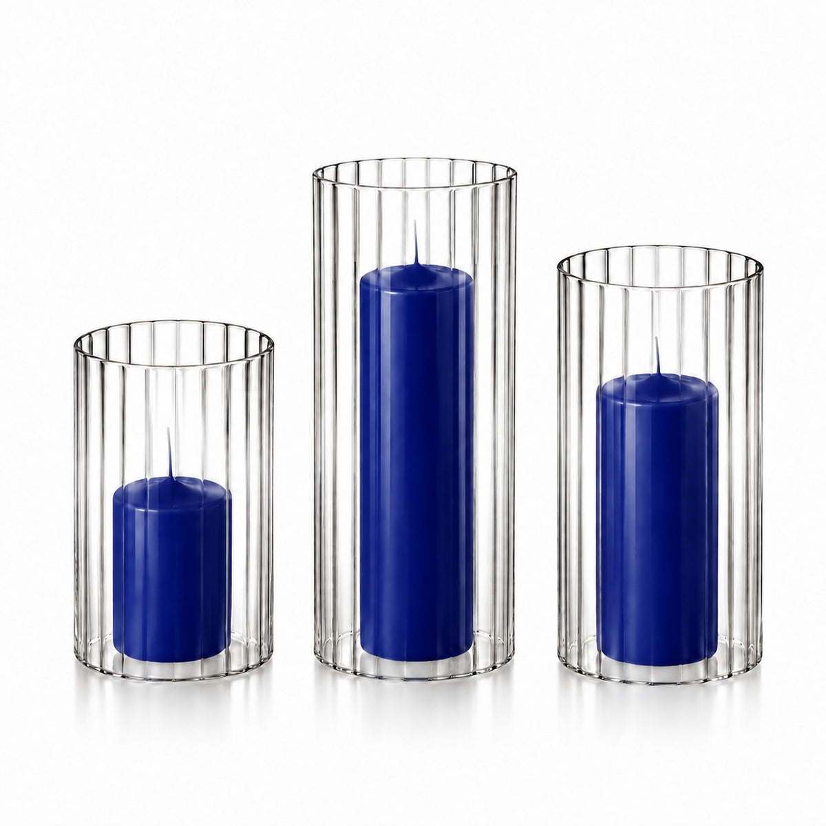 12 Slim Pillar Candles and Ribbed Cylinder Vases