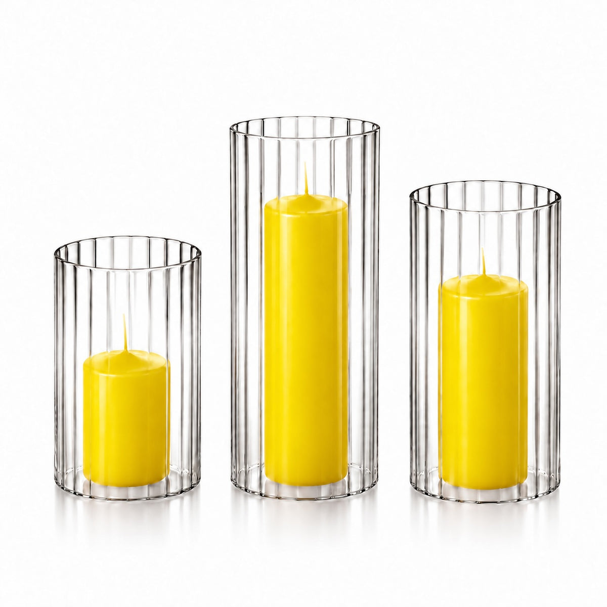 12 Slim Pillar Candles and Ribbed Cylinder Vases