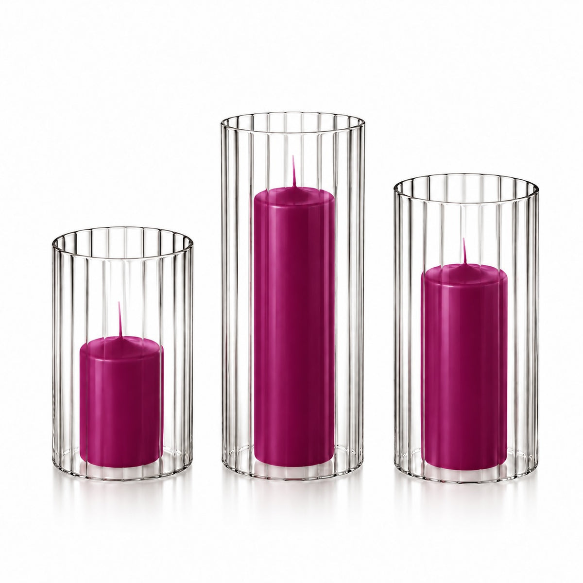 12 Slim Pillar Candles and Ribbed Cylinder Vases
