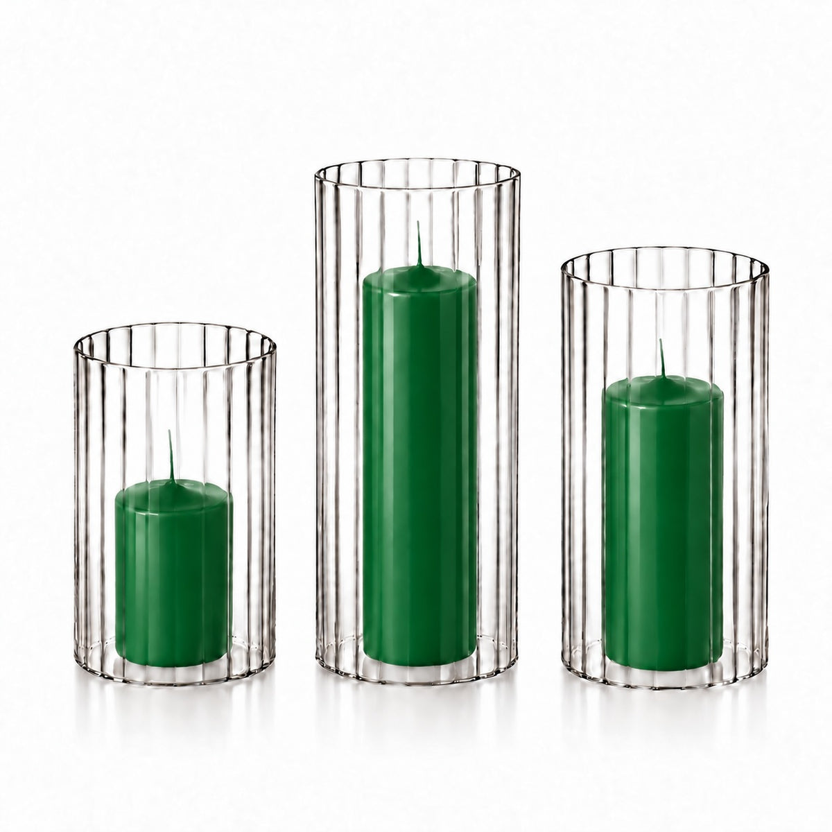 12 Slim Pillar Candles and Ribbed Cylinder Vases