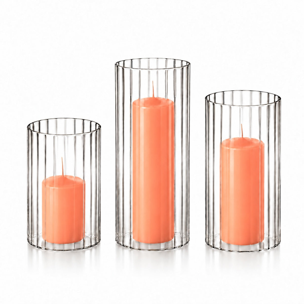 12 Slim Pillar Candles and Ribbed Cylinder Vases