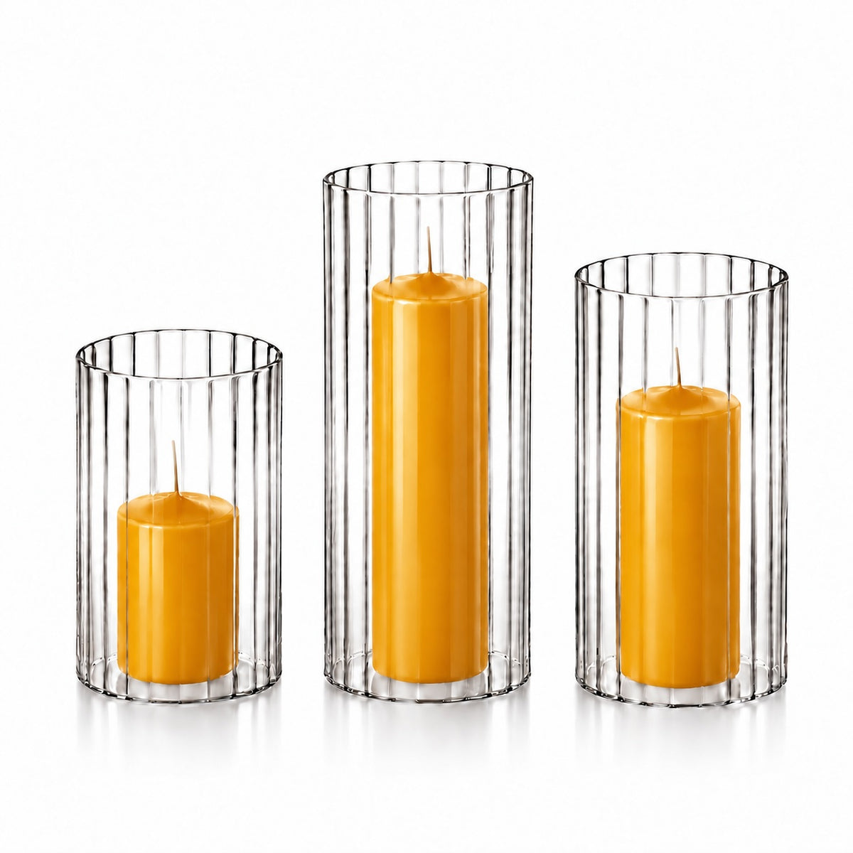 12 Slim Pillar Candles and Ribbed Cylinder Vases