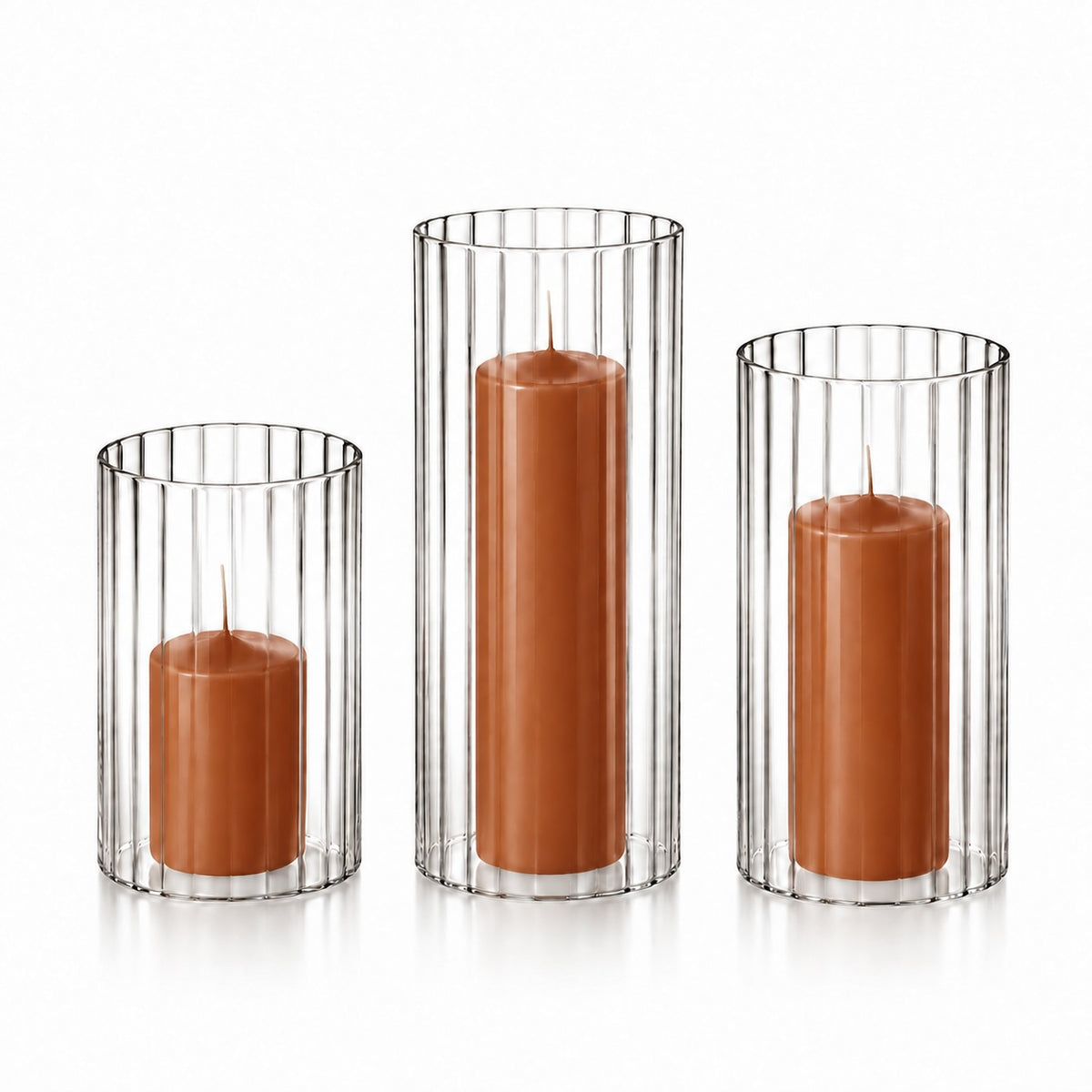 12 Slim Pillar Candles and Ribbed Cylinder Vases