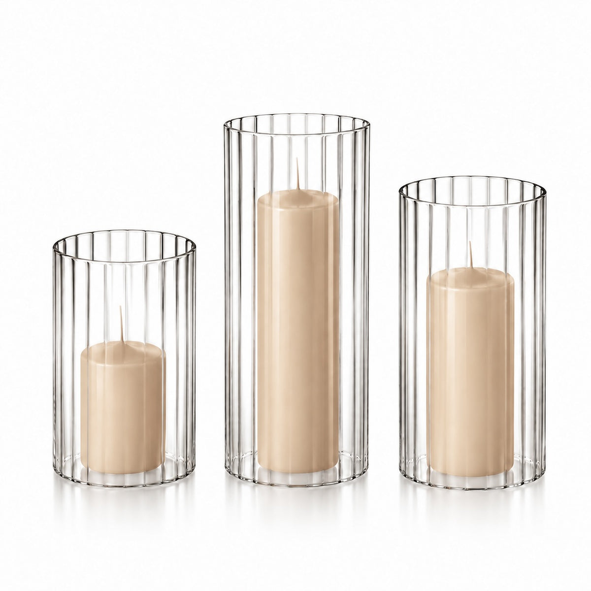 12 Slim Pillar Candles and Ribbed Cylinder Vases