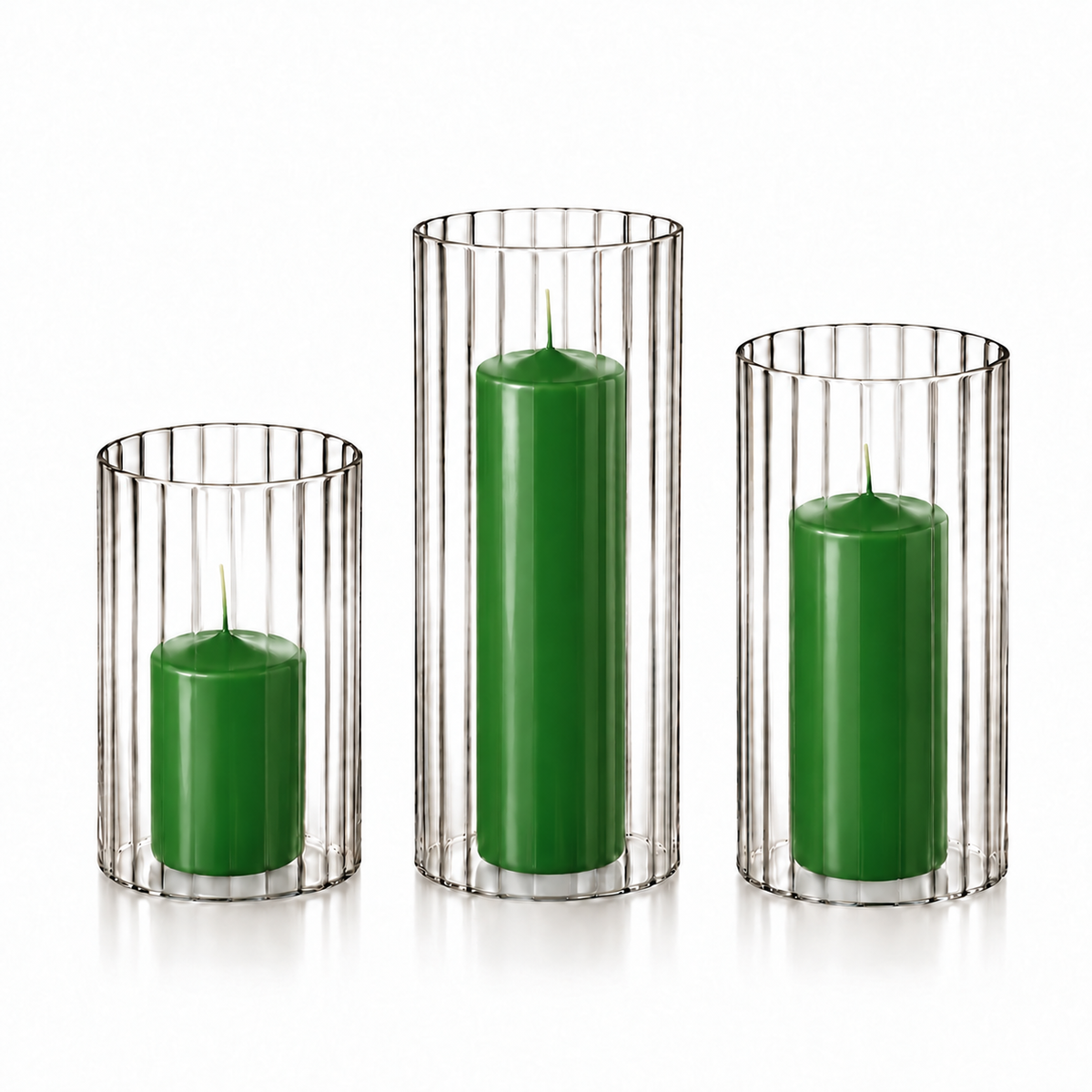 12 Slim Pillar Candles and Ribbed Cylinder Vases