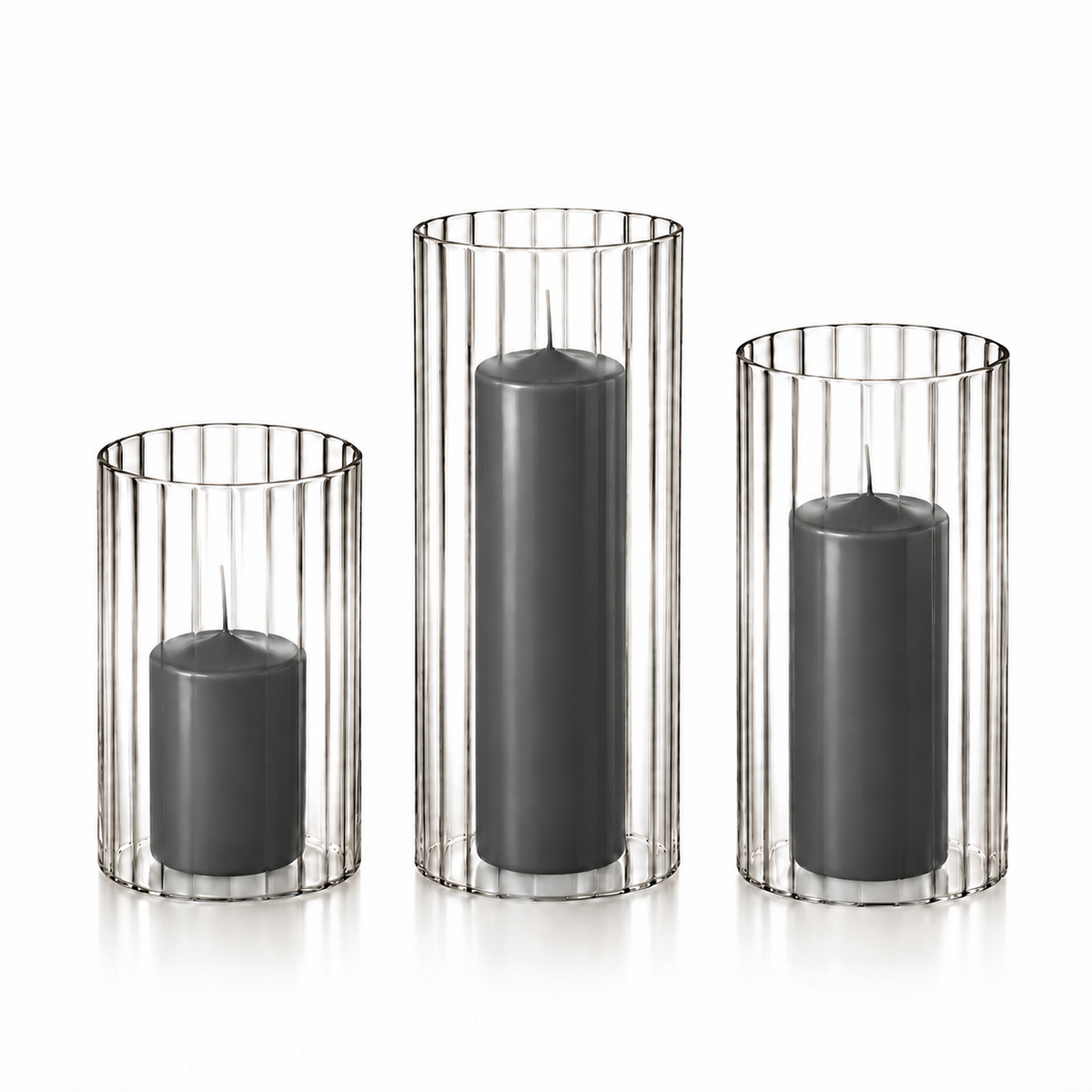 12 Slim Pillar Candles and Ribbed Cylinder Vases