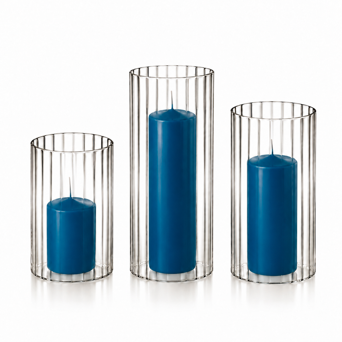 12 Slim Pillar Candles and Ribbed Cylinder Vases
