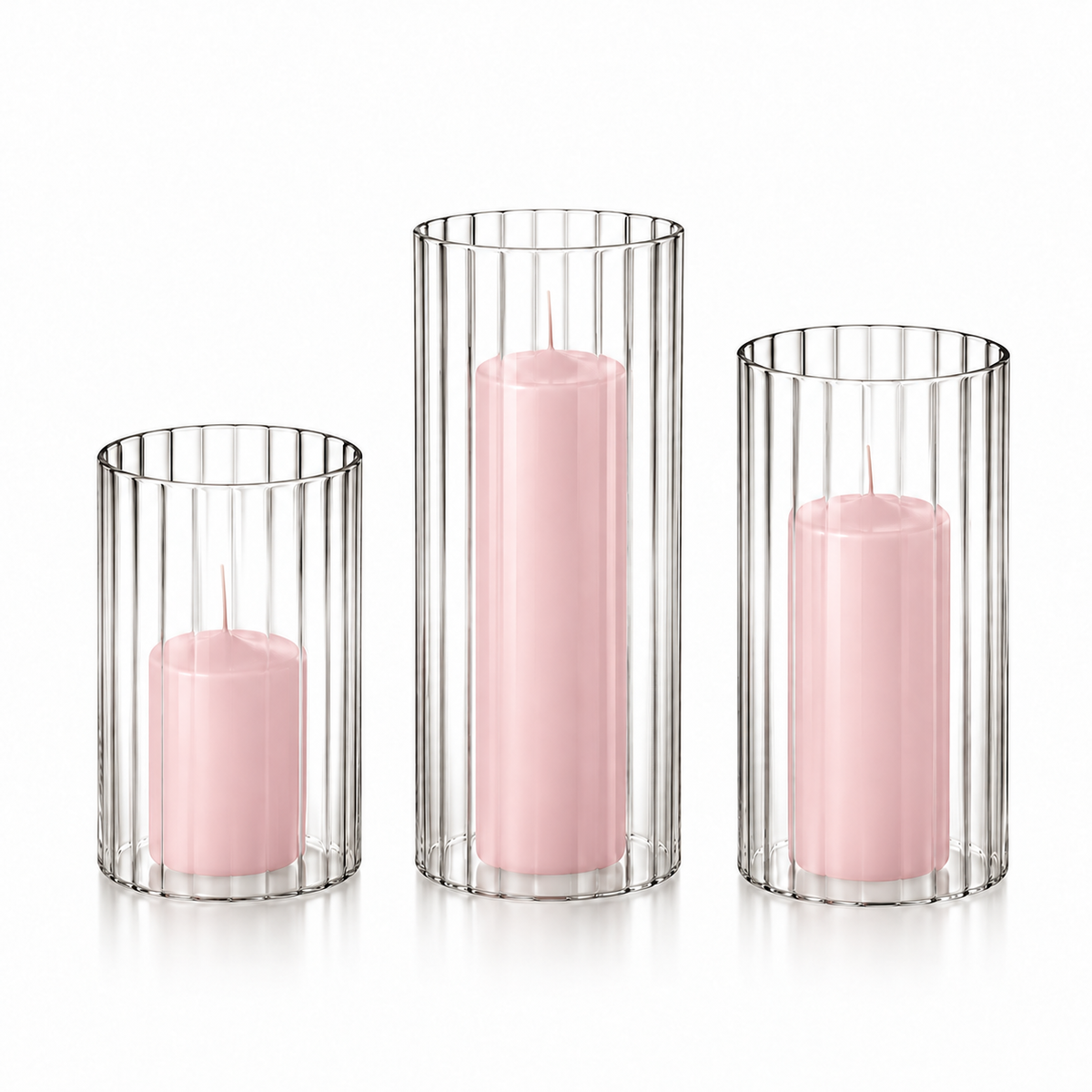 12 Slim Pillar Candles and Ribbed Cylinder Vases