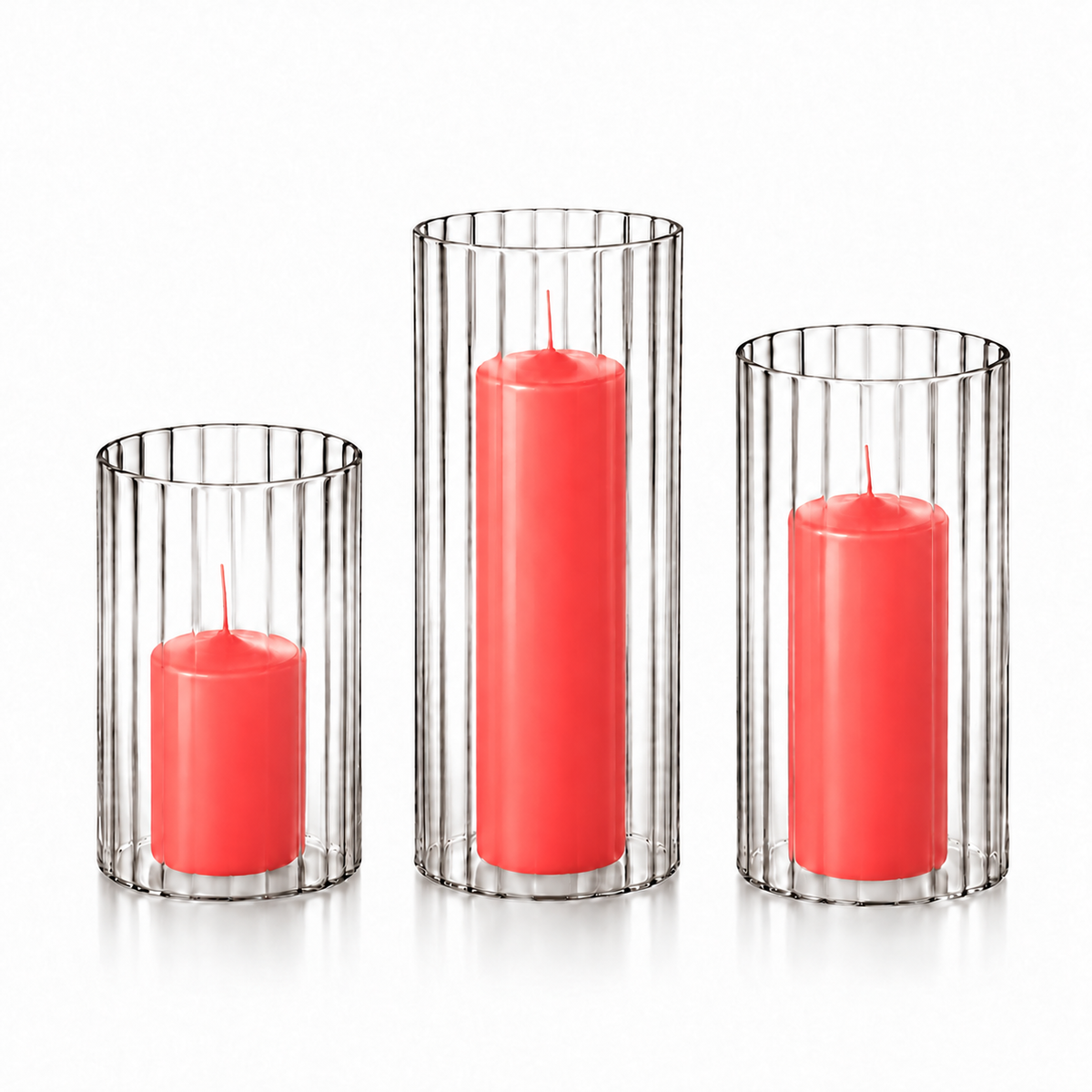 12 Slim Pillar Candles and Ribbed Cylinder Vases