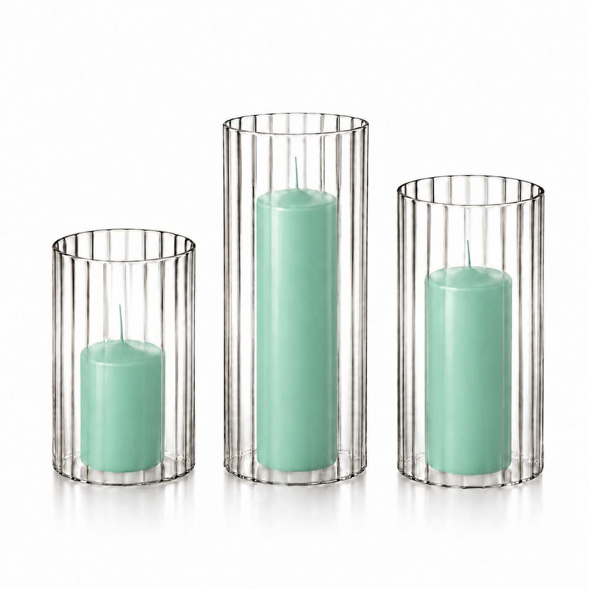 12 Slim Pillar Candles and Ribbed Cylinder Vases