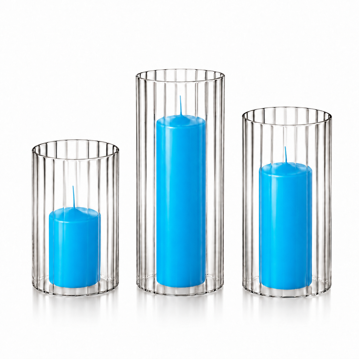 12 Slim Pillar Candles and Ribbed Cylinder Vases