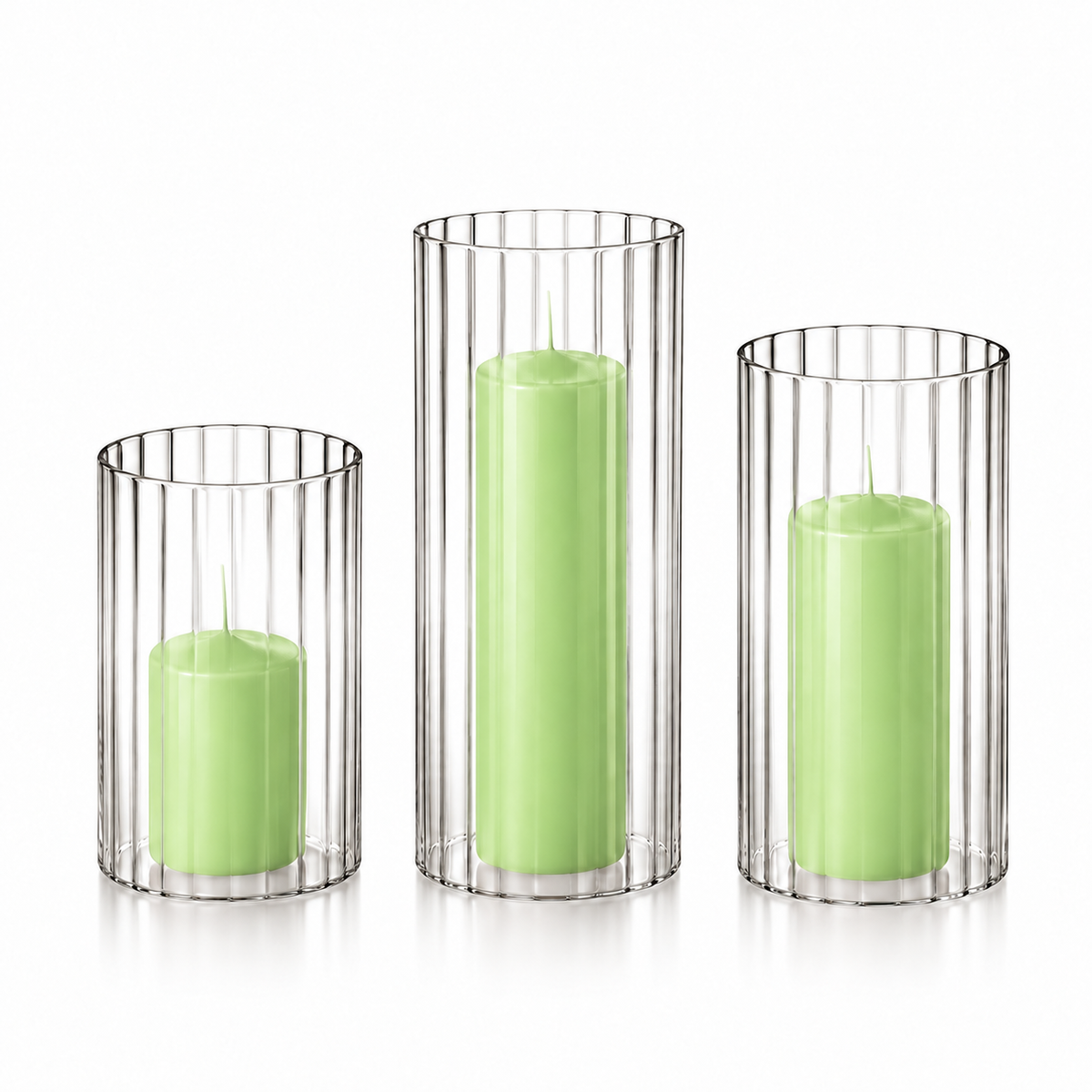 12 Slim Pillar Candles and Ribbed Cylinder Vases