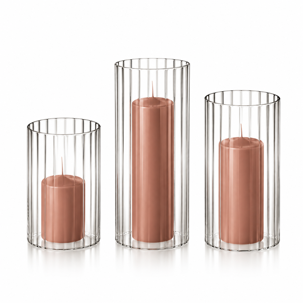 12 Slim Pillar Candles and Ribbed Cylinder Vases