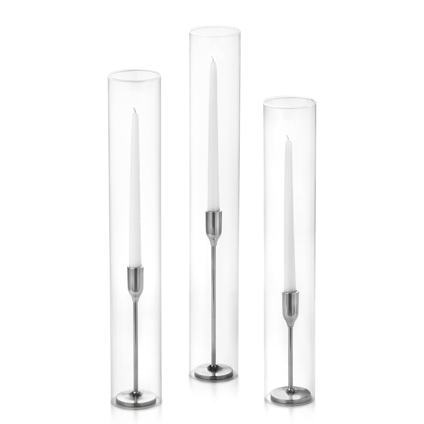 12 Taper Candles, 12 Tall Chimneys and 12 Silver Virtu Candlesticks
