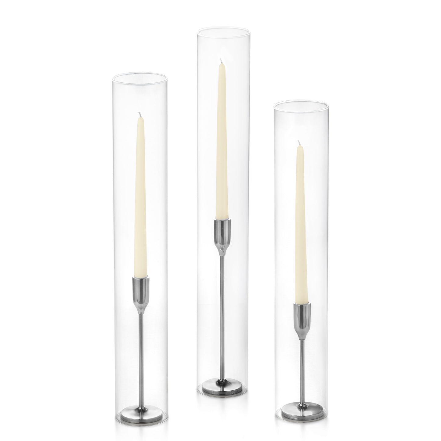 12 Taper Candles, 12 Tall Chimneys and 12 Silver Virtu Candlesticks