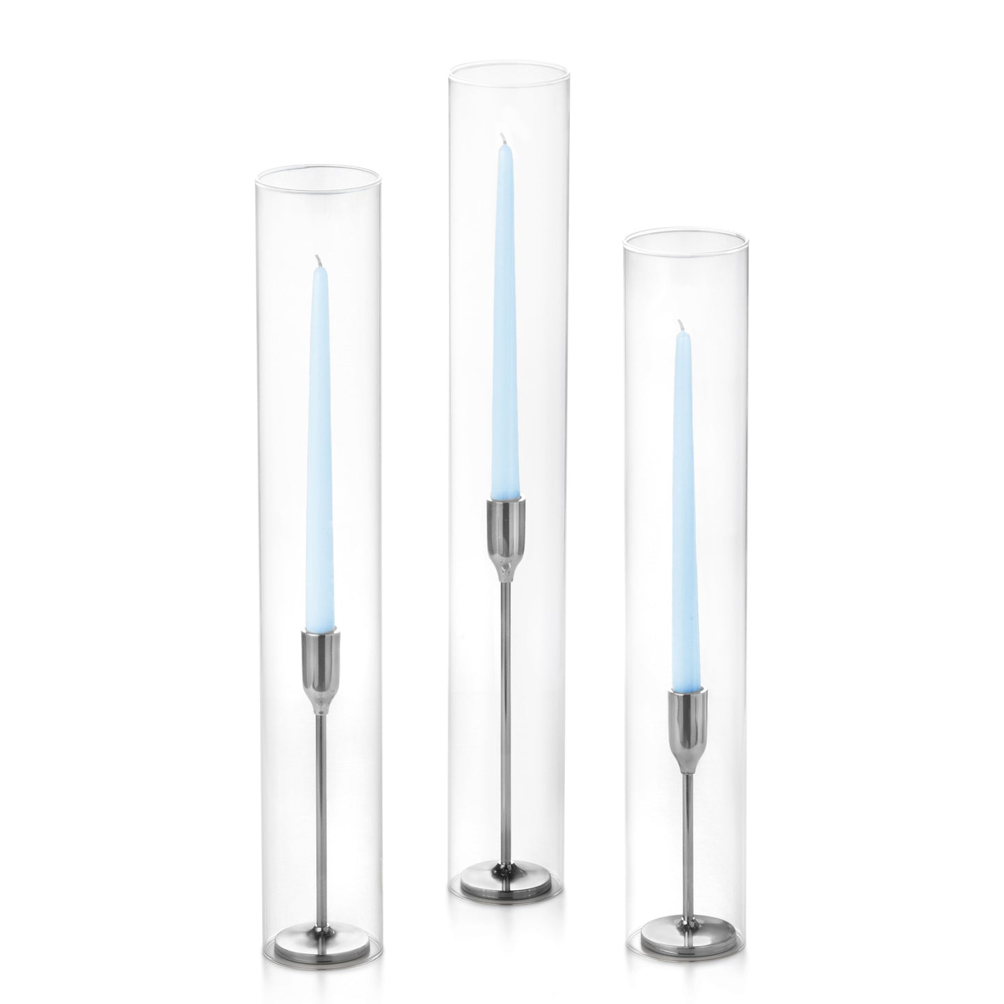 12 Taper Candles, 12 Tall Chimneys and 12 Silver Virtu Candlesticks
