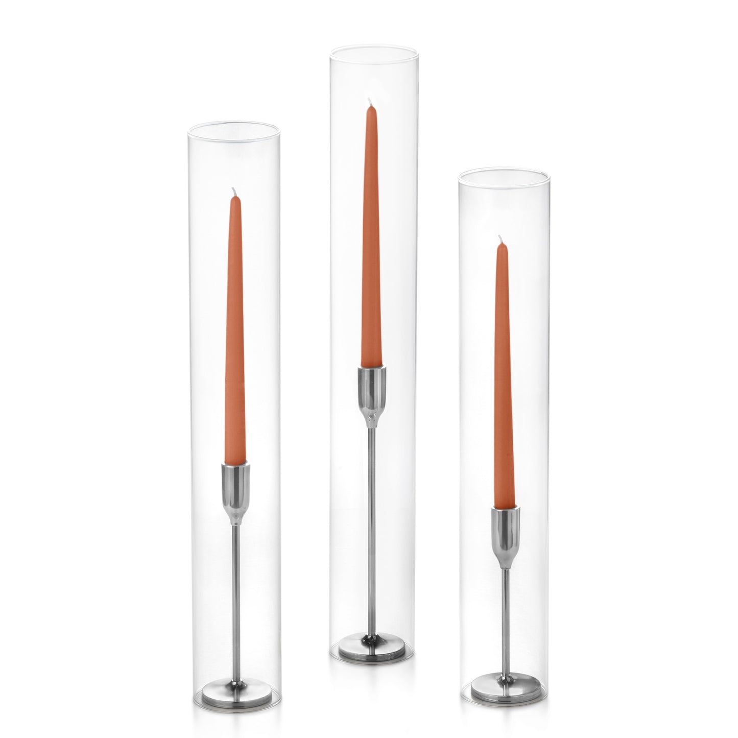 12 Taper Candles, 12 Tall Chimneys and 12 Silver Virtu Candlesticks
