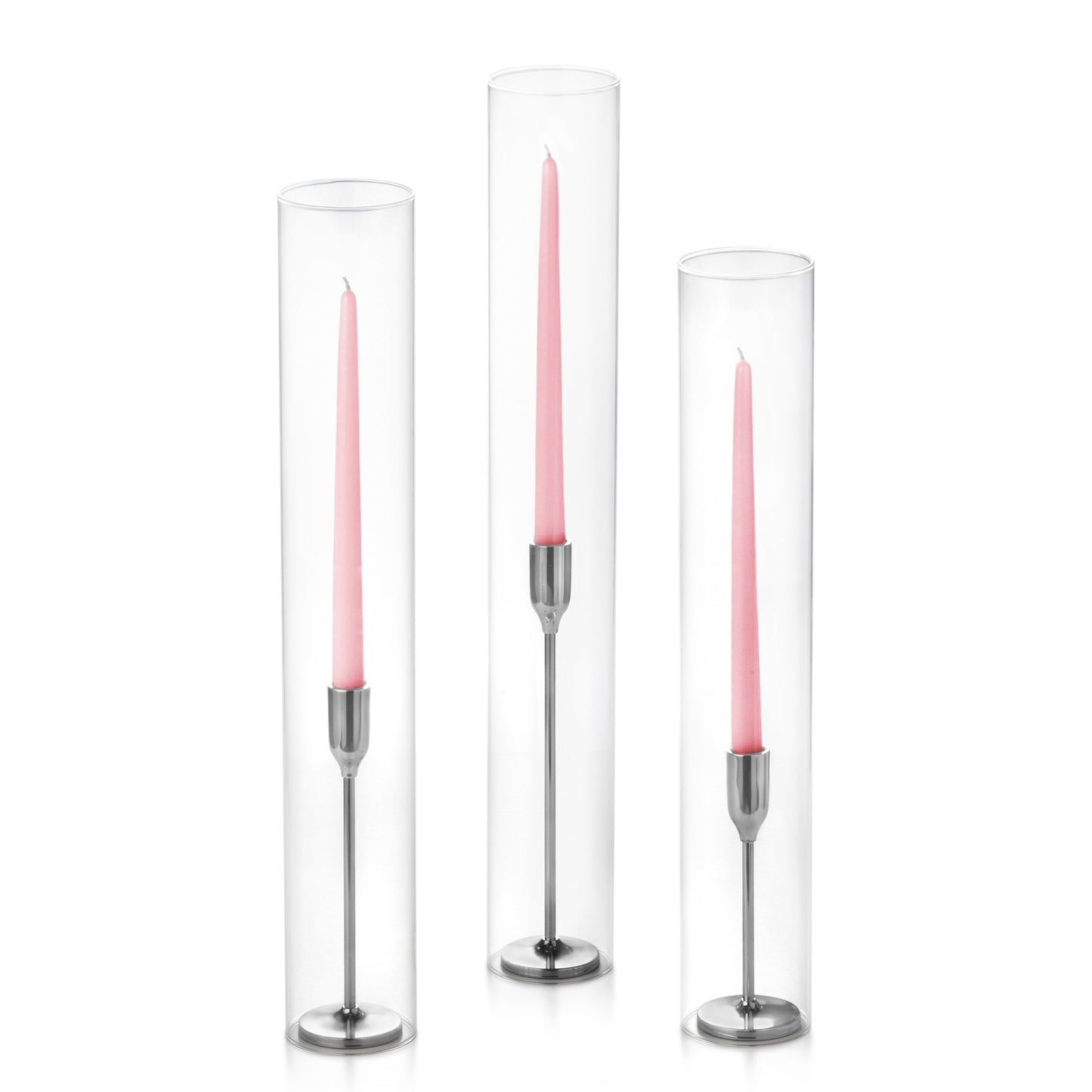 12 Taper Candles, 12 Tall Chimneys and 12 Silver Virtu Candlesticks