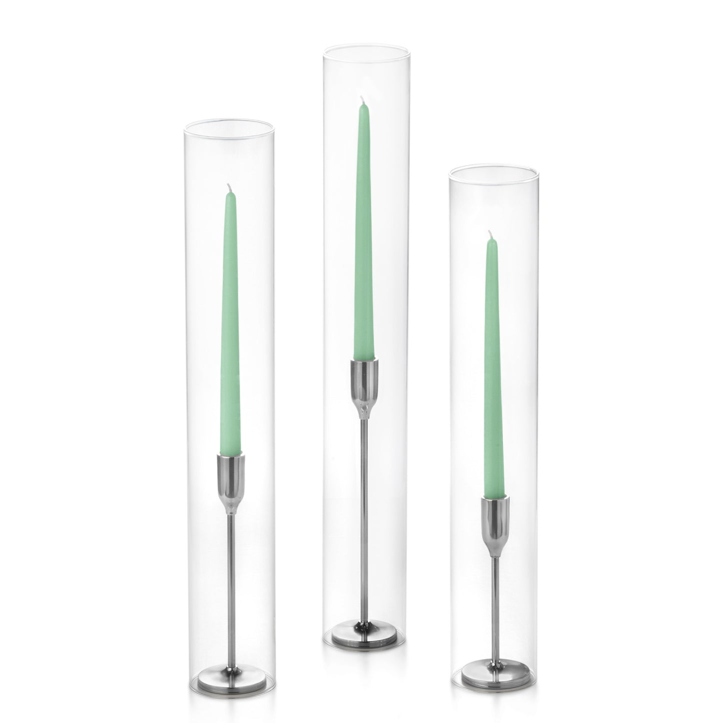 12 Taper Candles, 12 Tall Chimneys and 12 Silver Virtu Candlesticks