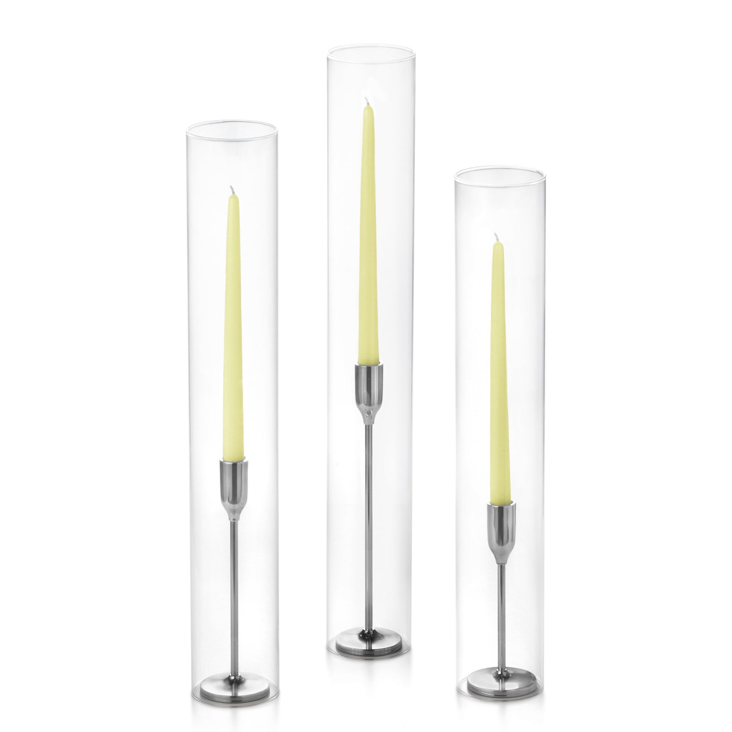 12 Taper Candles, 12 Tall Chimneys and 12 Silver Virtu Candlesticks