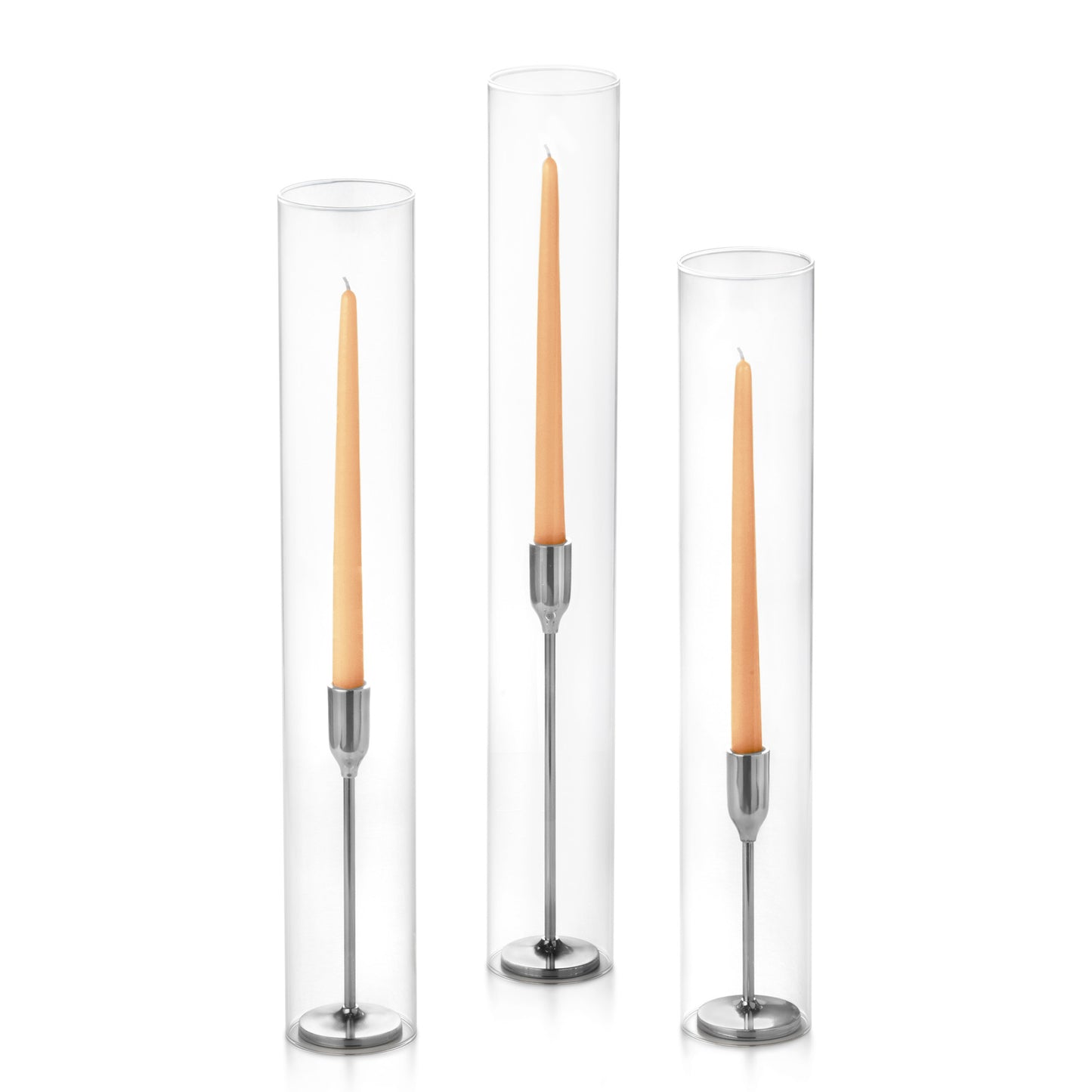 12 Taper Candles, 12 Tall Chimneys and 12 Silver Virtu Candlesticks