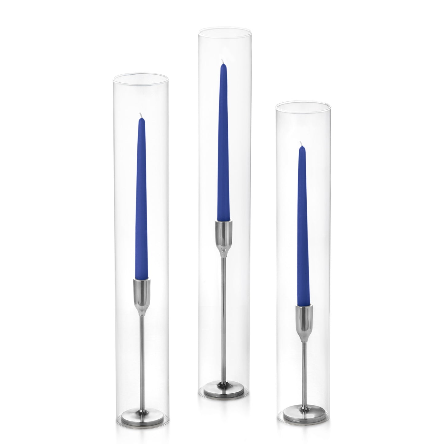 12 Taper Candles, 12 Tall Chimneys and 12 Silver Virtu Candlesticks
