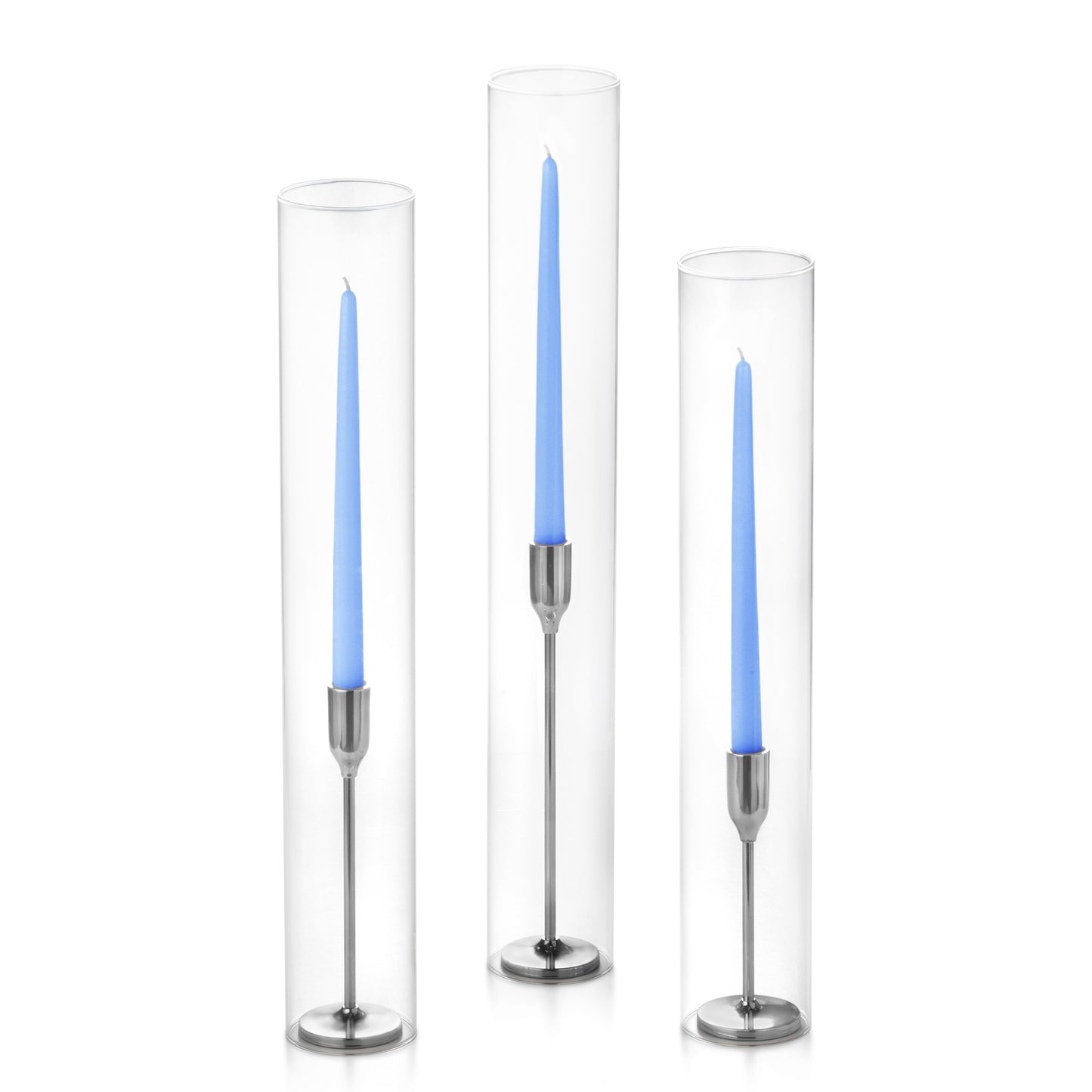 12 Taper Candles, 12 Tall Chimneys and 12 Silver Virtu Candlesticks