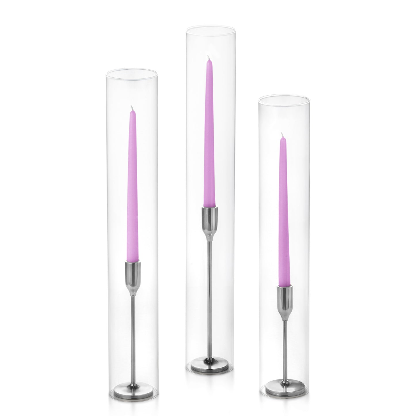 12 Taper Candles, 12 Tall Chimneys and 12 Silver Virtu Candlesticks