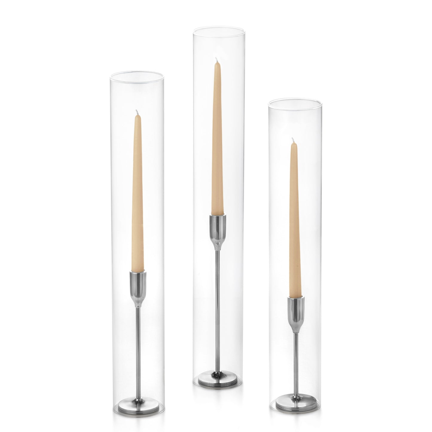 12 Taper Candles, 12 Tall Chimneys and 12 Silver Virtu Candlesticks