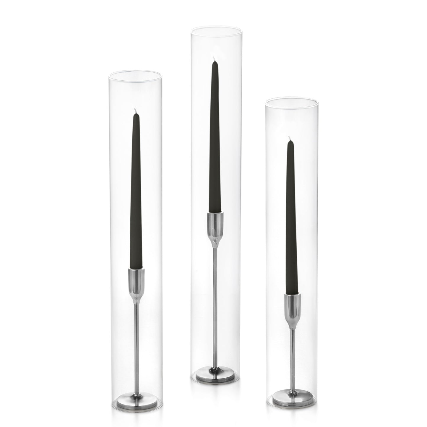 12 Taper Candles, 12 Tall Chimneys and 12 Silver Virtu Candlesticks
