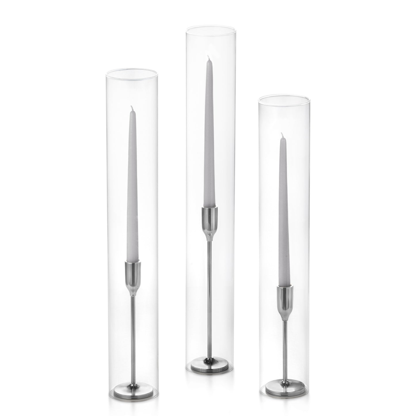 12 Taper Candles, 12 Tall Chimneys and 12 Silver Virtu Candlesticks