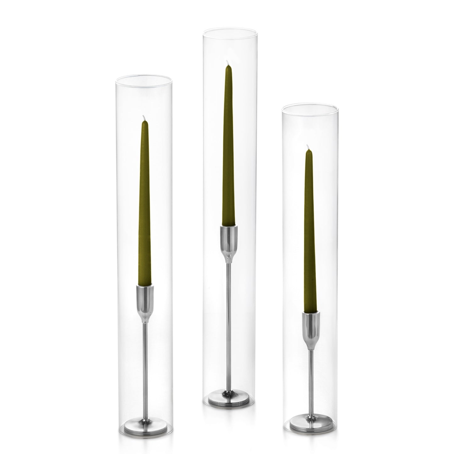 12 Taper Candles, 12 Tall Chimneys and 12 Silver Virtu Candlesticks