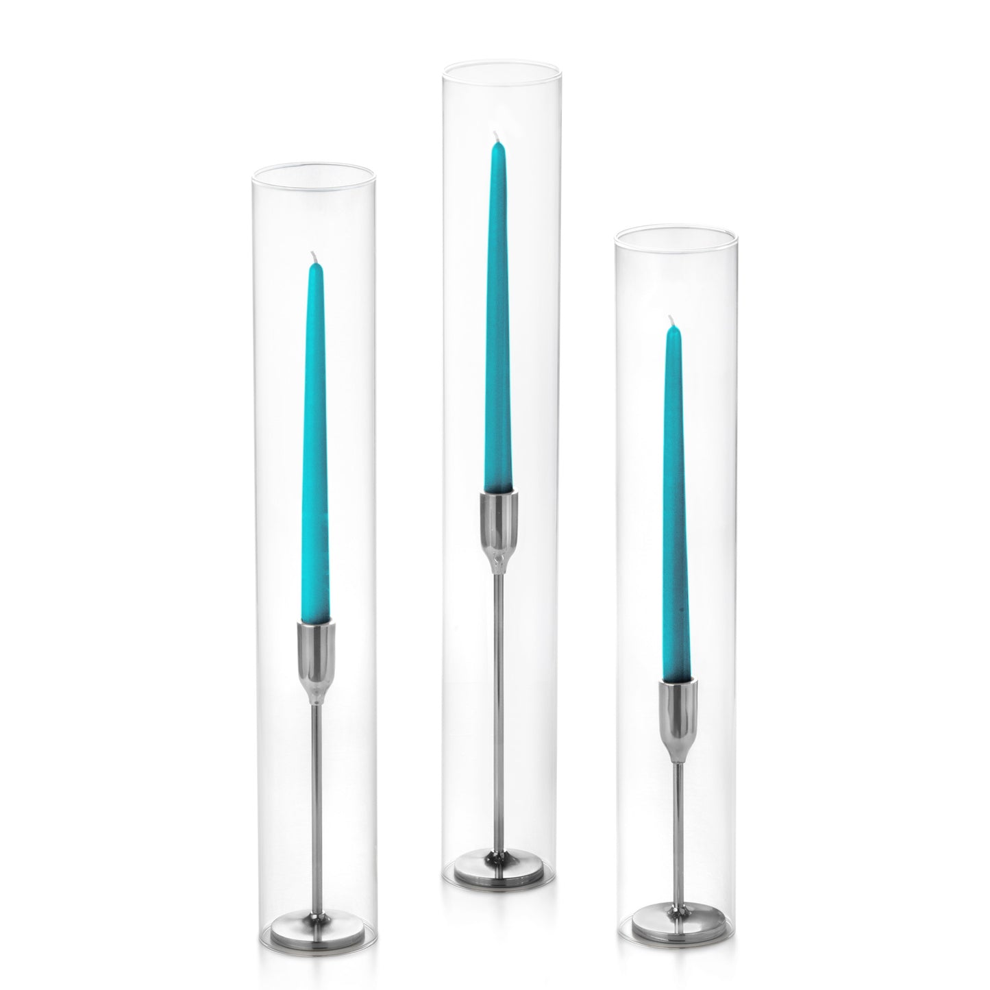 12 Taper Candles, 12 Tall Chimneys and 12 Silver Virtu Candlesticks