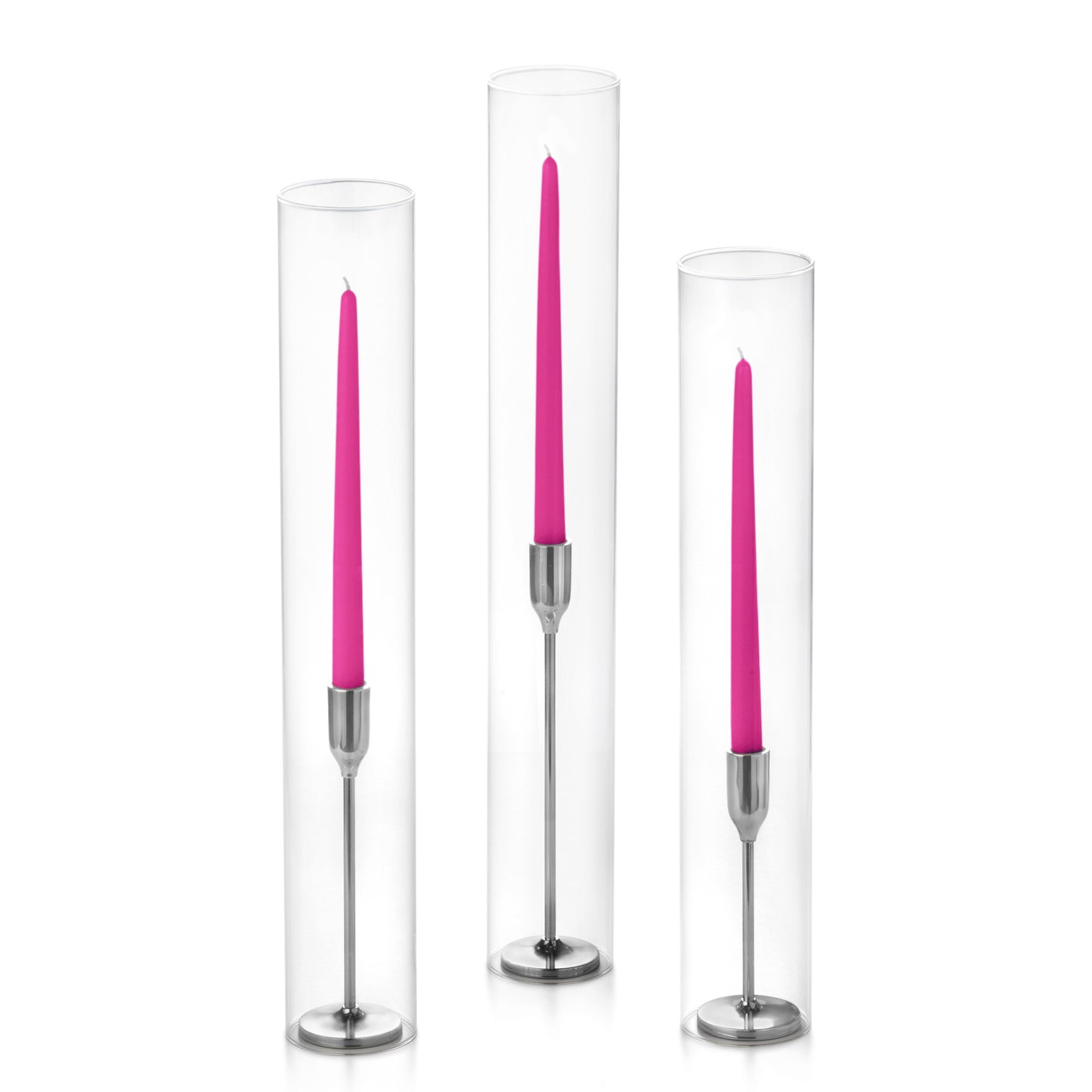 12 Taper Candles, 12 Tall Chimneys and 12 Silver Virtu Candlesticks