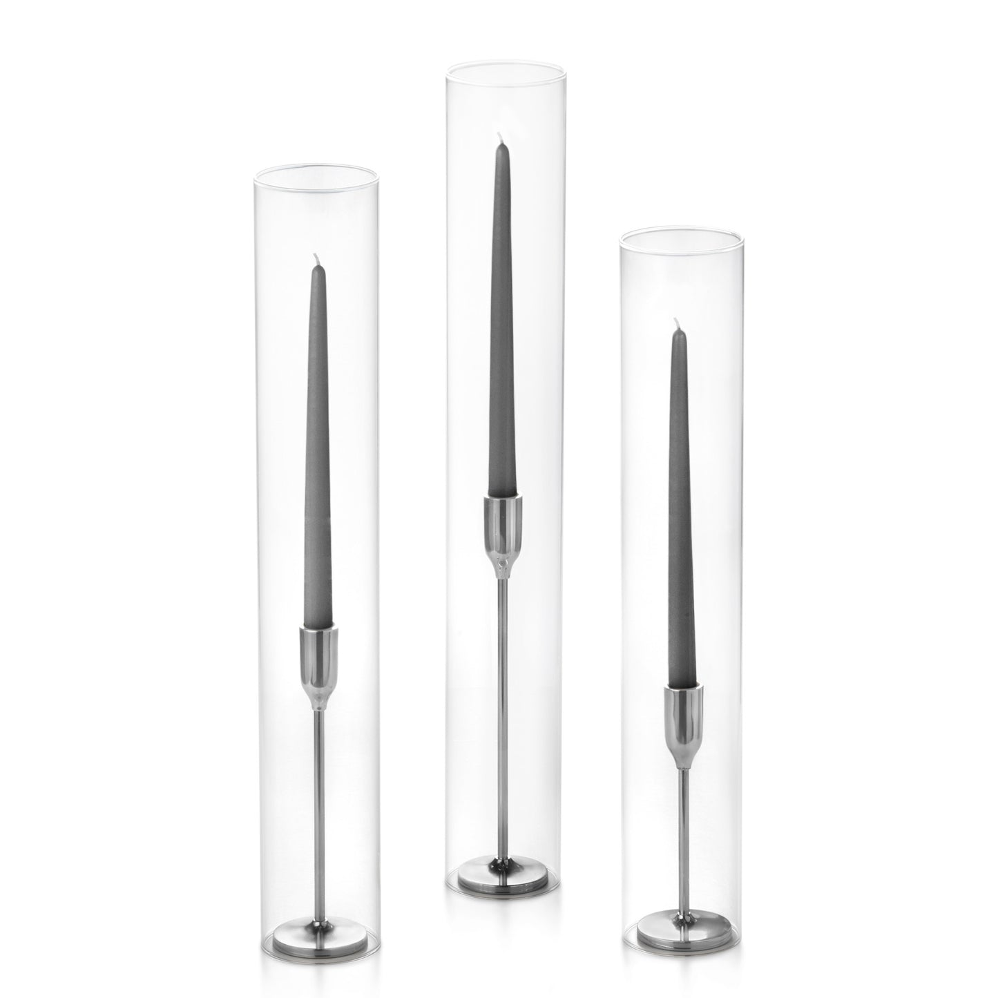 12 Taper Candles, 12 Tall Chimneys and 12 Silver Virtu Candlesticks