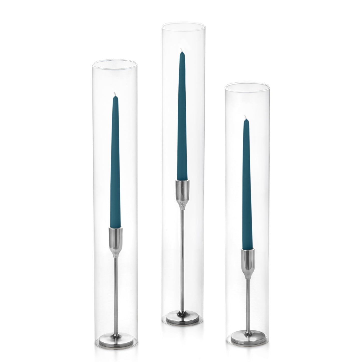 12 Taper Candles, 12 Tall Chimneys and 12 Silver Virtu Candlesticks