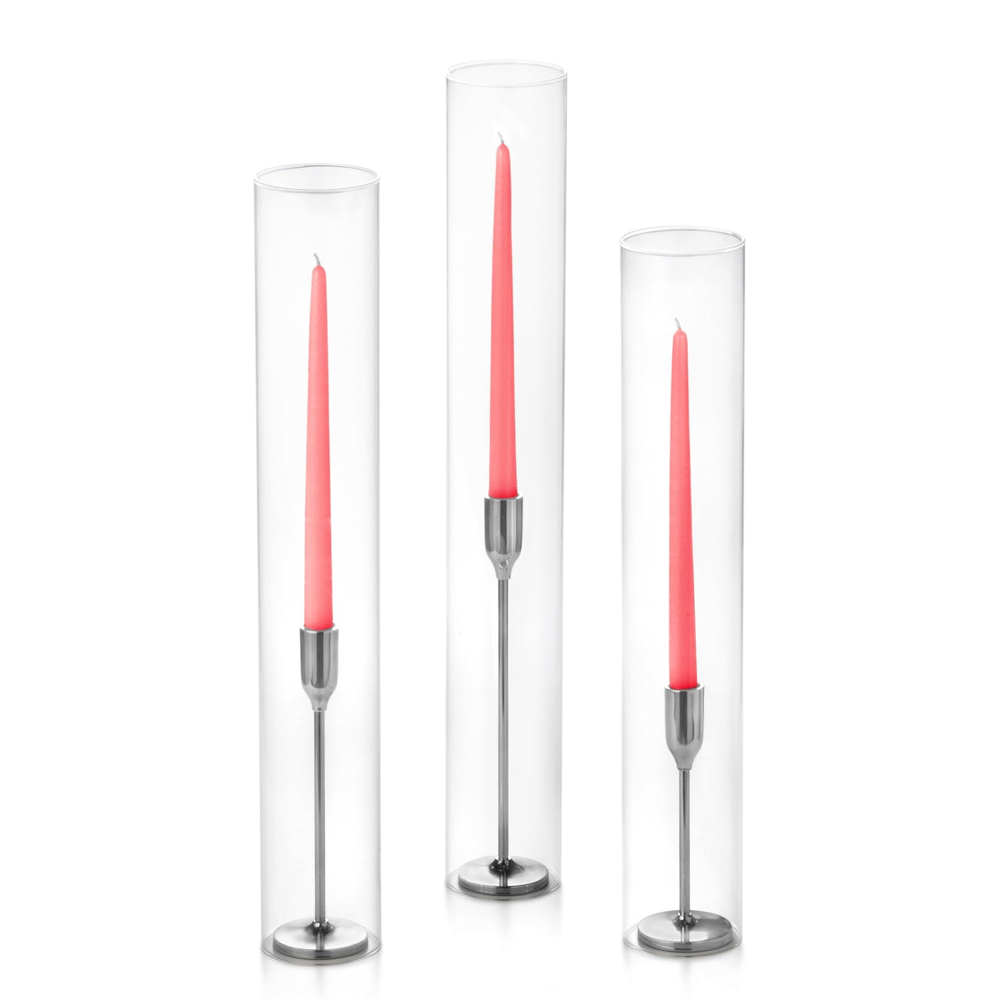 12 Taper Candles, 12 Tall Chimneys and 12 Silver Virtu Candlesticks