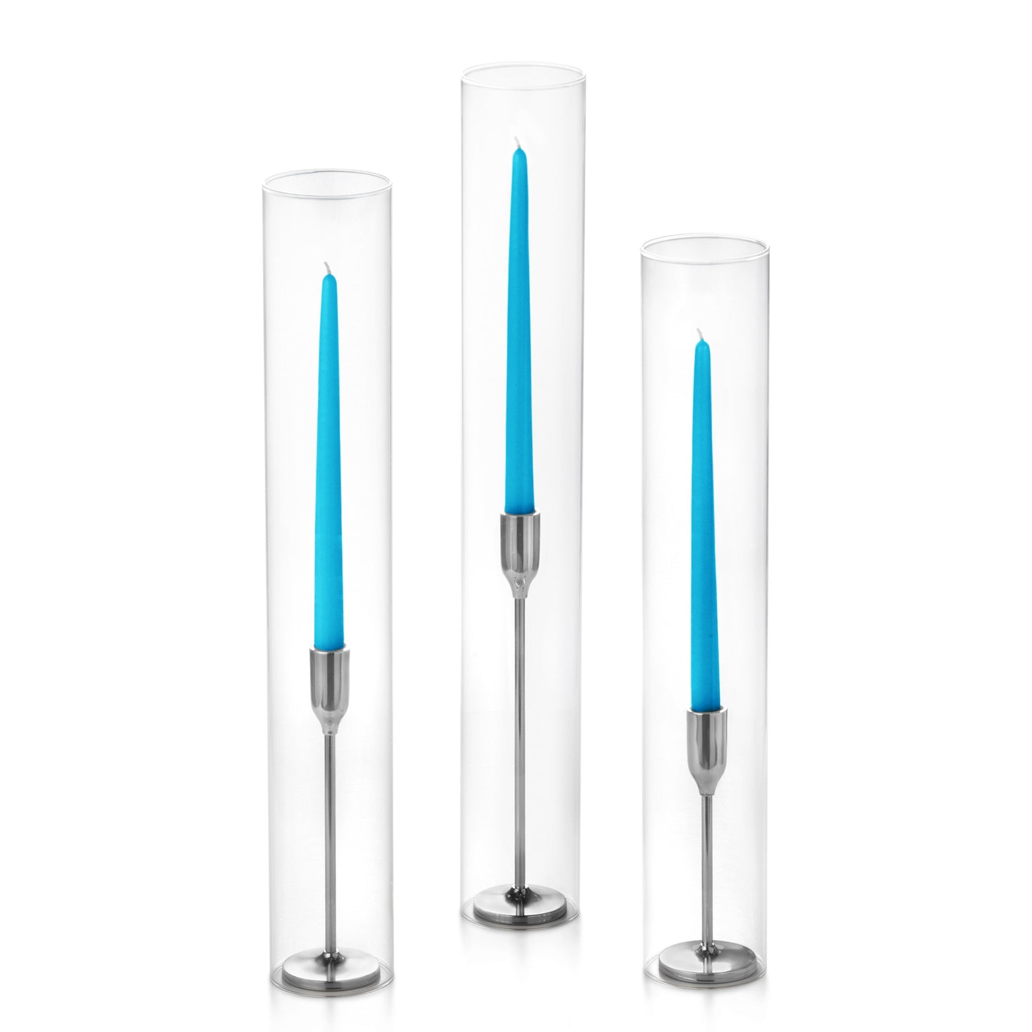 12 Taper Candles, 12 Tall Chimneys and 12 Silver Virtu Candlesticks