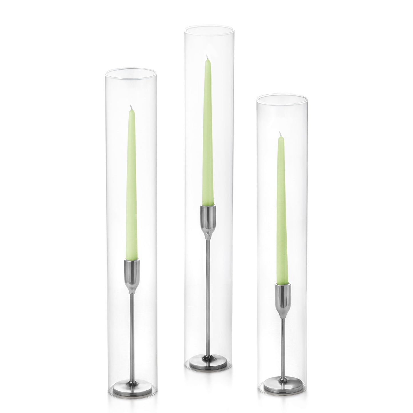 12 Taper Candles, 12 Tall Chimneys and 12 Silver Virtu Candlesticks