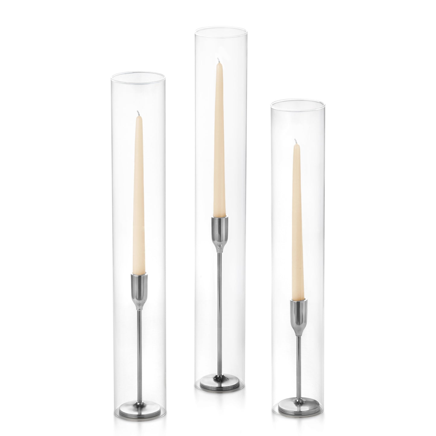 12 Taper Candles, 12 Tall Chimneys and 12 Silver Virtu Candlesticks