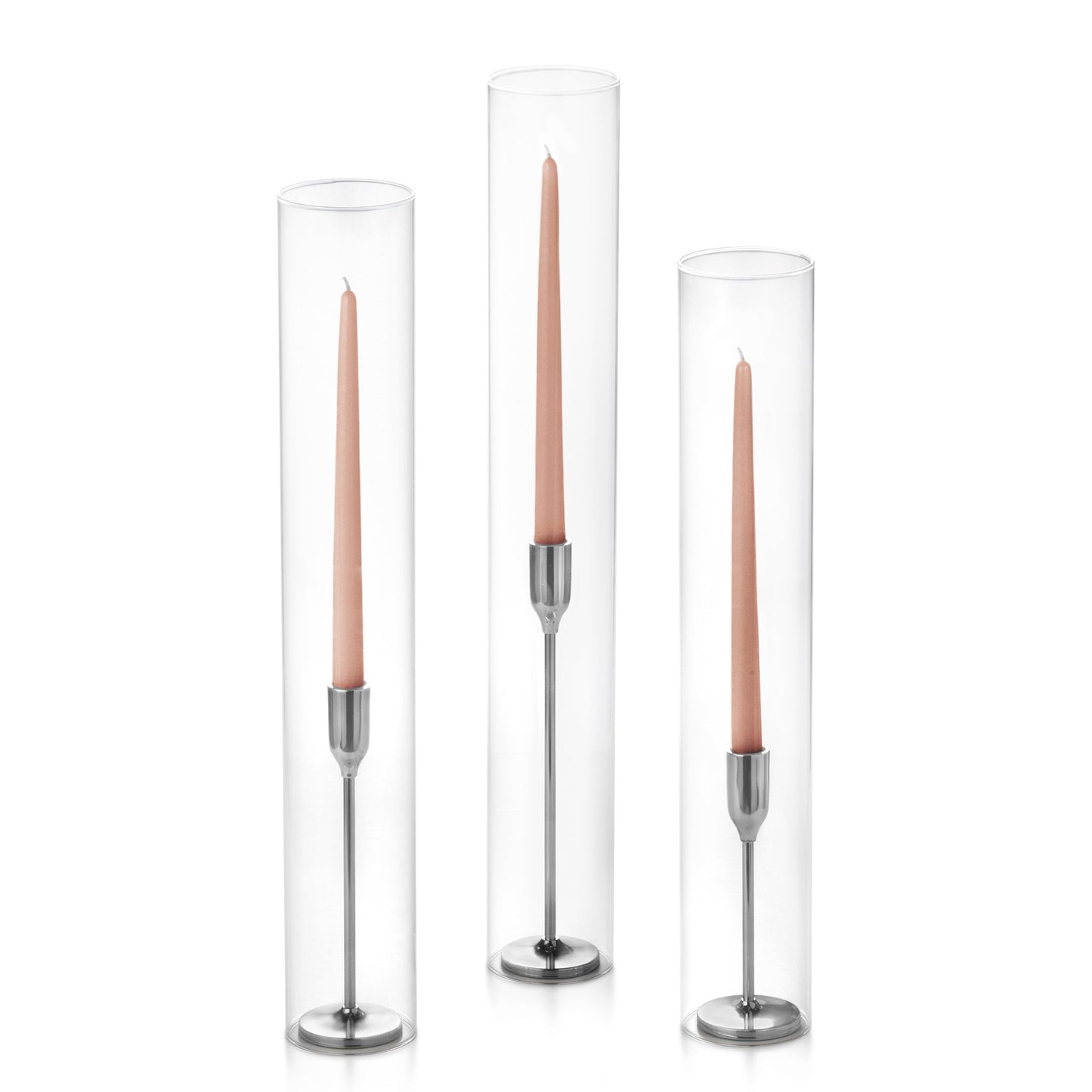 12 Taper Candles, 12 Tall Chimneys and 12 Silver Virtu Candlesticks