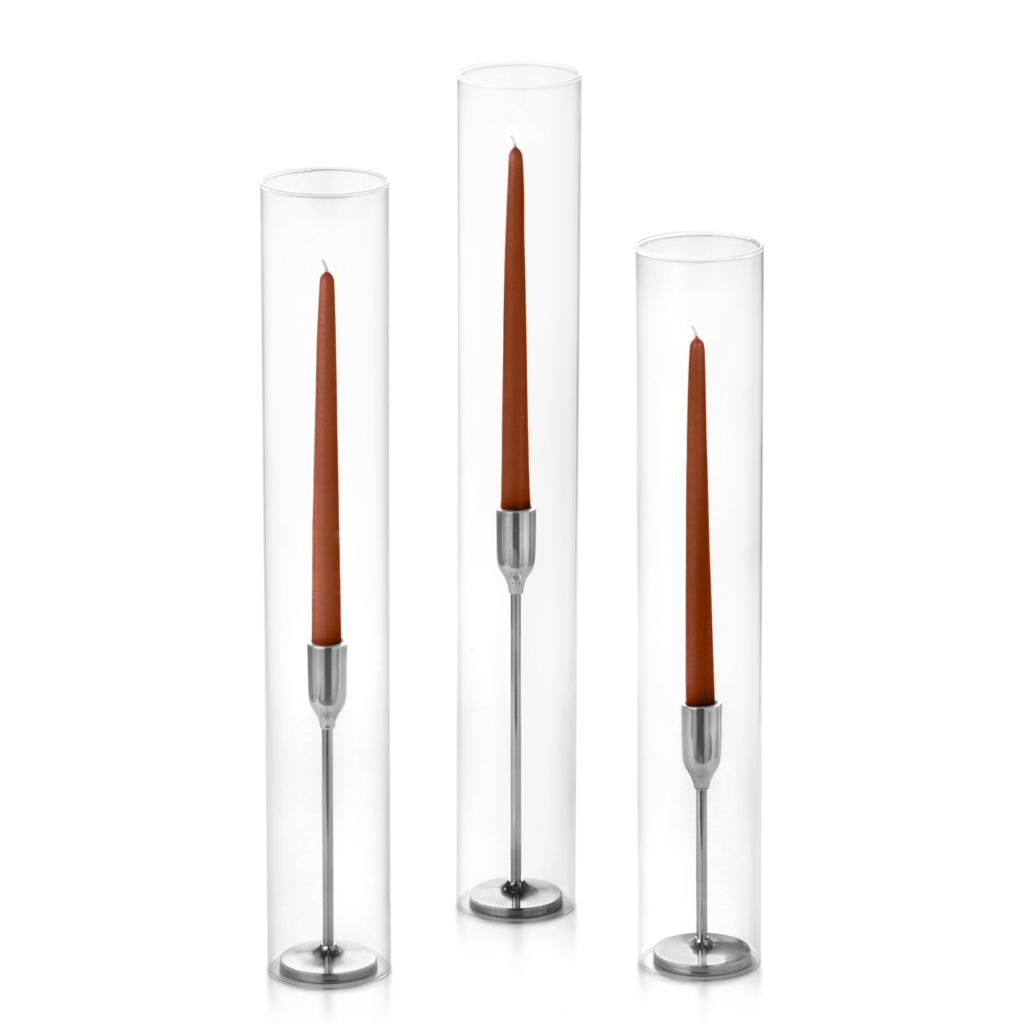 12 Taper Candles, 12 Tall Chimneys and 12 Silver Virtu Candlesticks