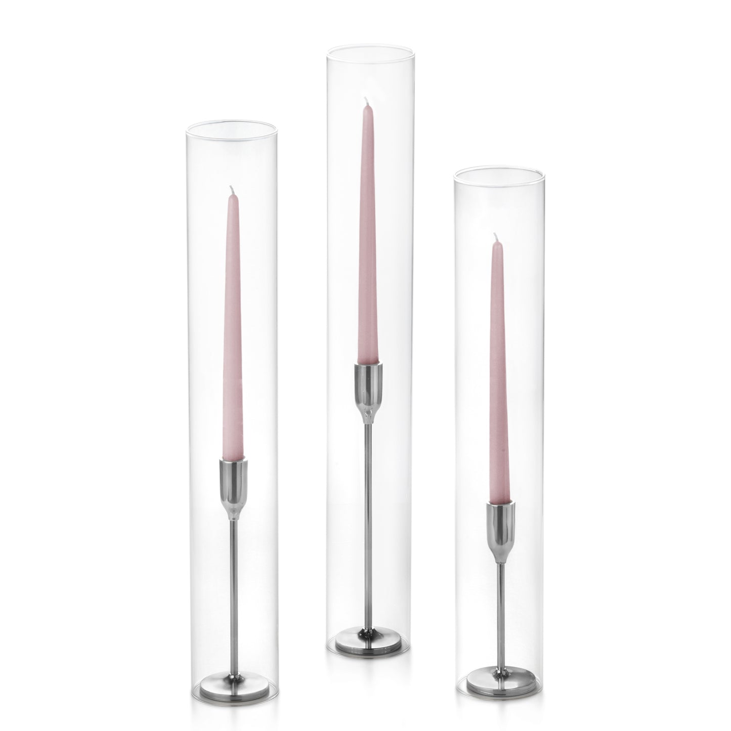 12 Taper Candles, 12 Tall Chimneys and 12 Silver Virtu Candlesticks