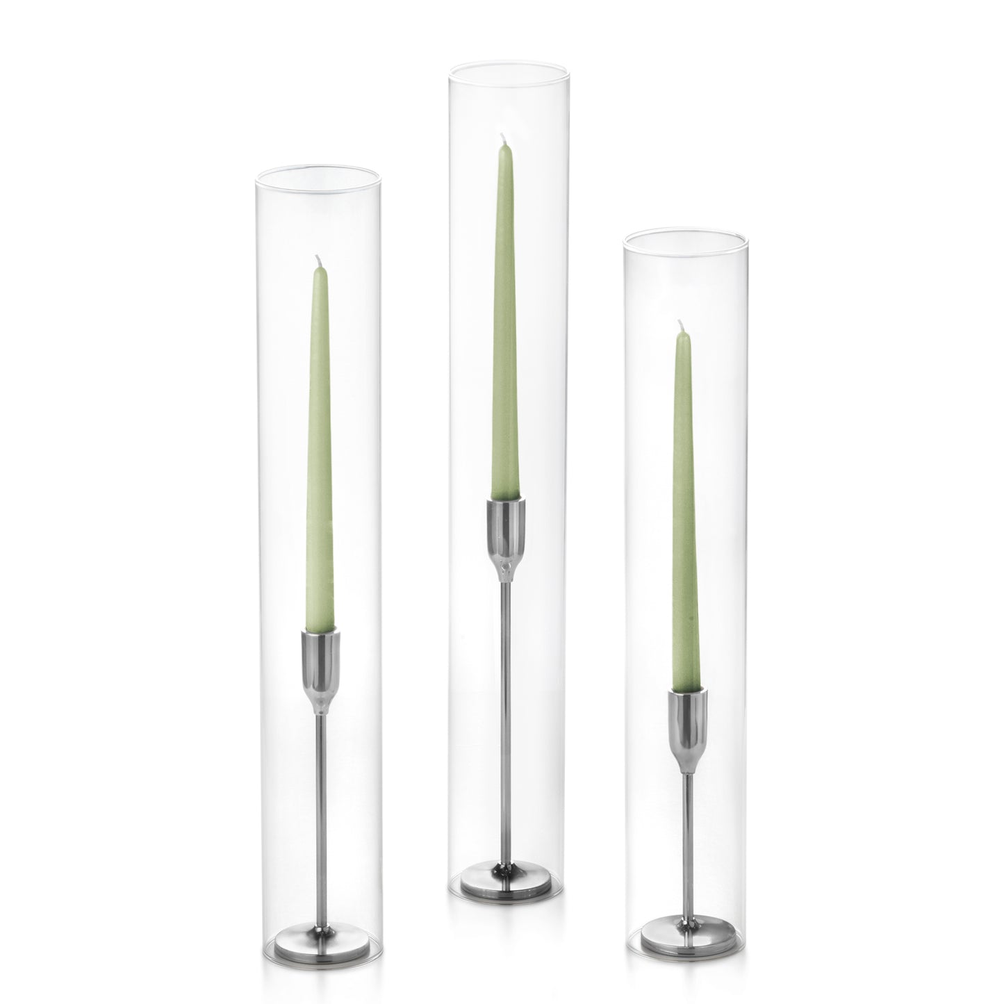 12 Taper Candles, 12 Tall Chimneys and 12 Silver Virtu Candlesticks
