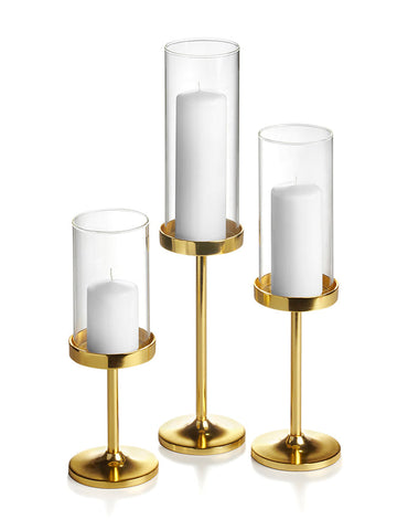36 Slim Pillar Candles, 36 Cylinder Vases and 36 Gold Vevo Pedestals